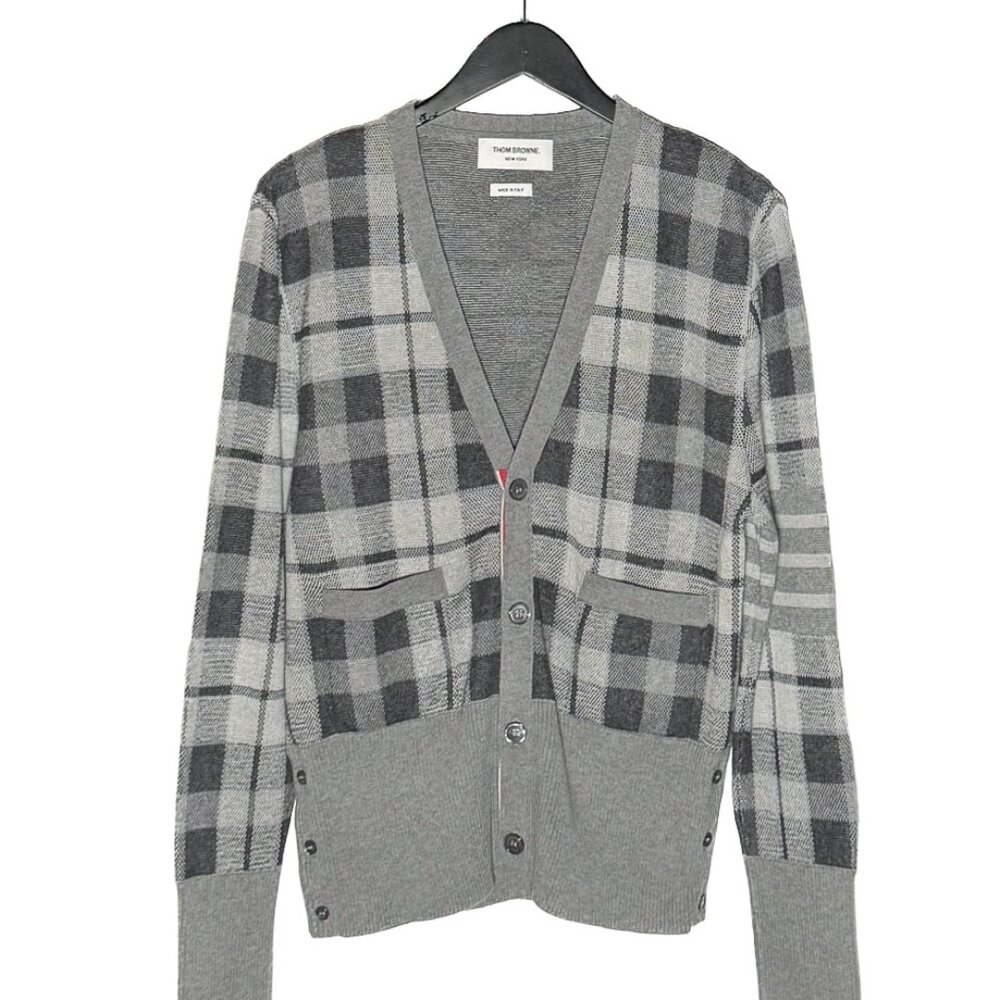Thom Browne Grey Cashmere Tartan Check Cardigan Sweater